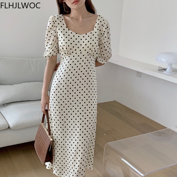 Vintage Fashion Korea - 폴카 도트 한국 시크한 롱 맥시