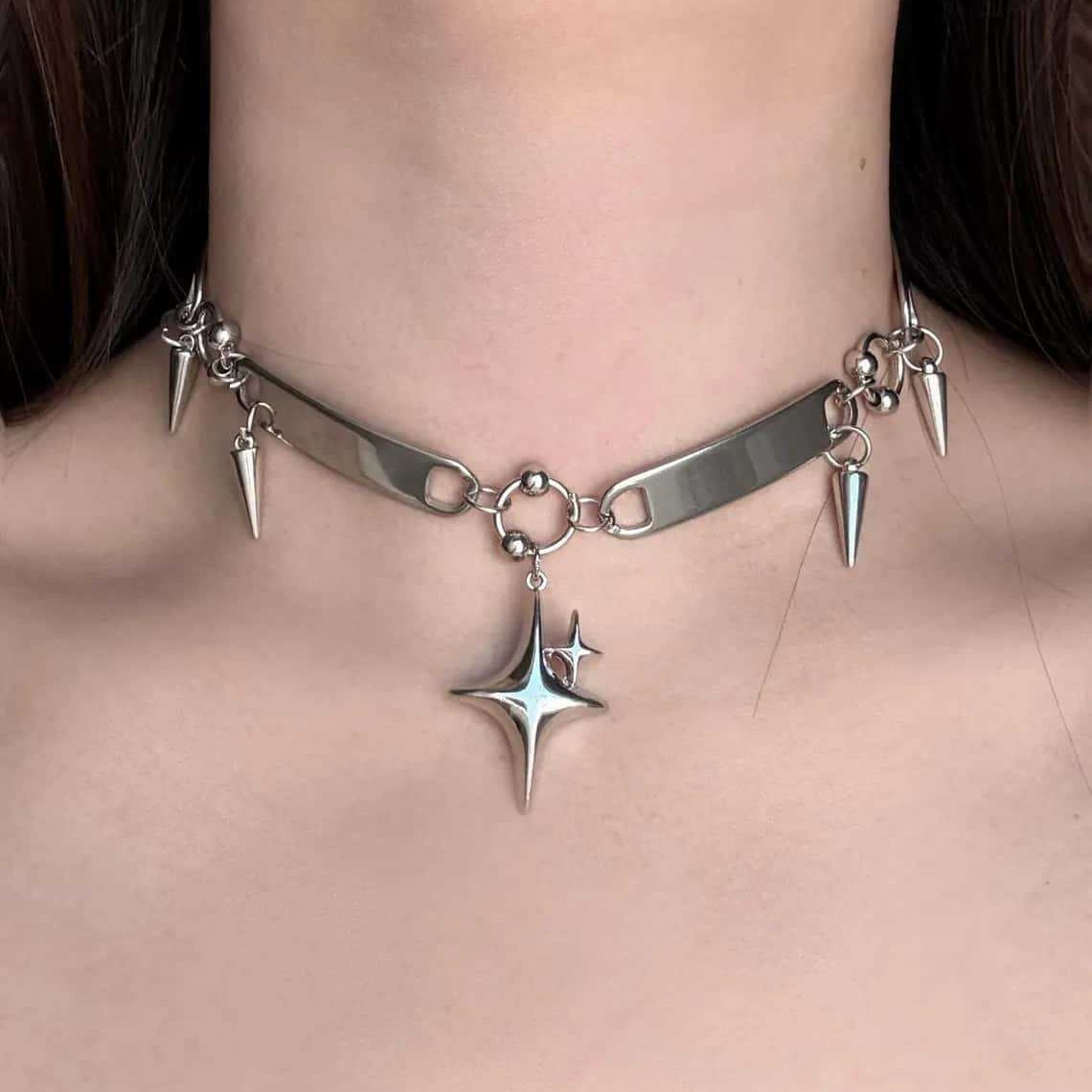 Vintage Fashion Necklace - 펑크 스타 리벳 초커, 록 주얼리,
