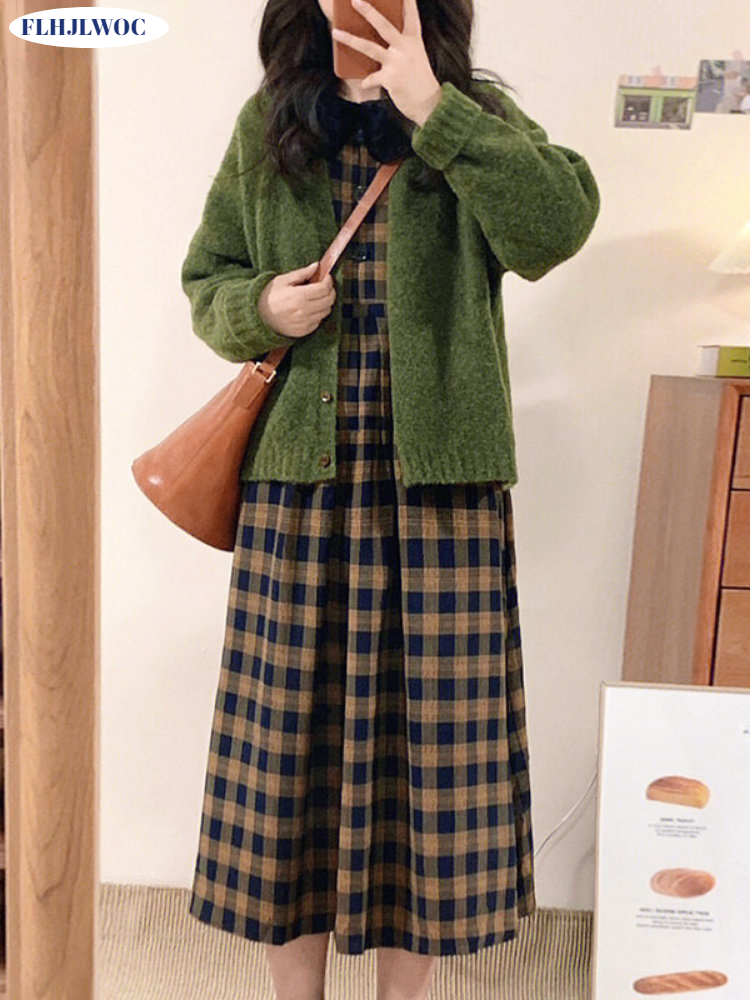 Vintage Fashion Korea - 커피 격자 무늬 드레스, 2023 기본