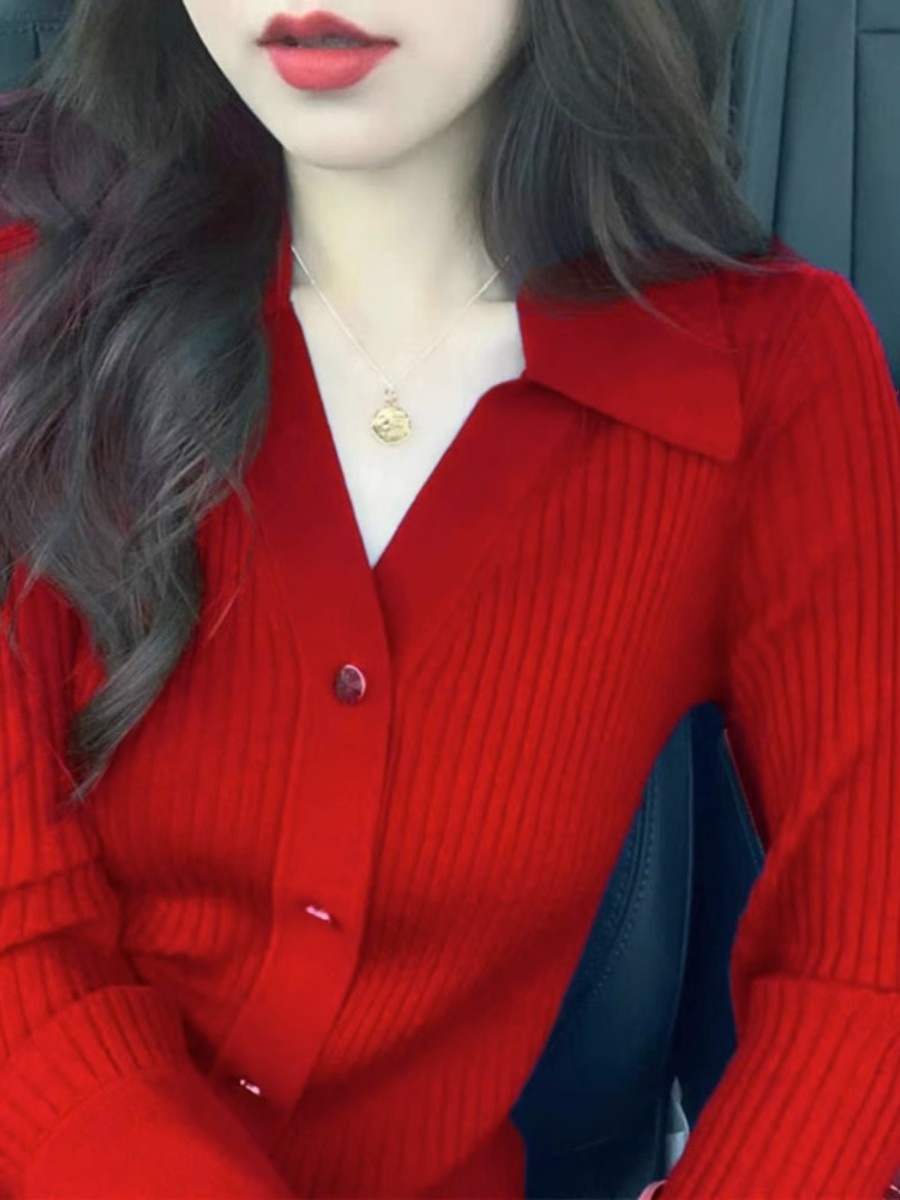 Vintage Fashion Years - 레드 칼라 니트 가디건 여성 패션