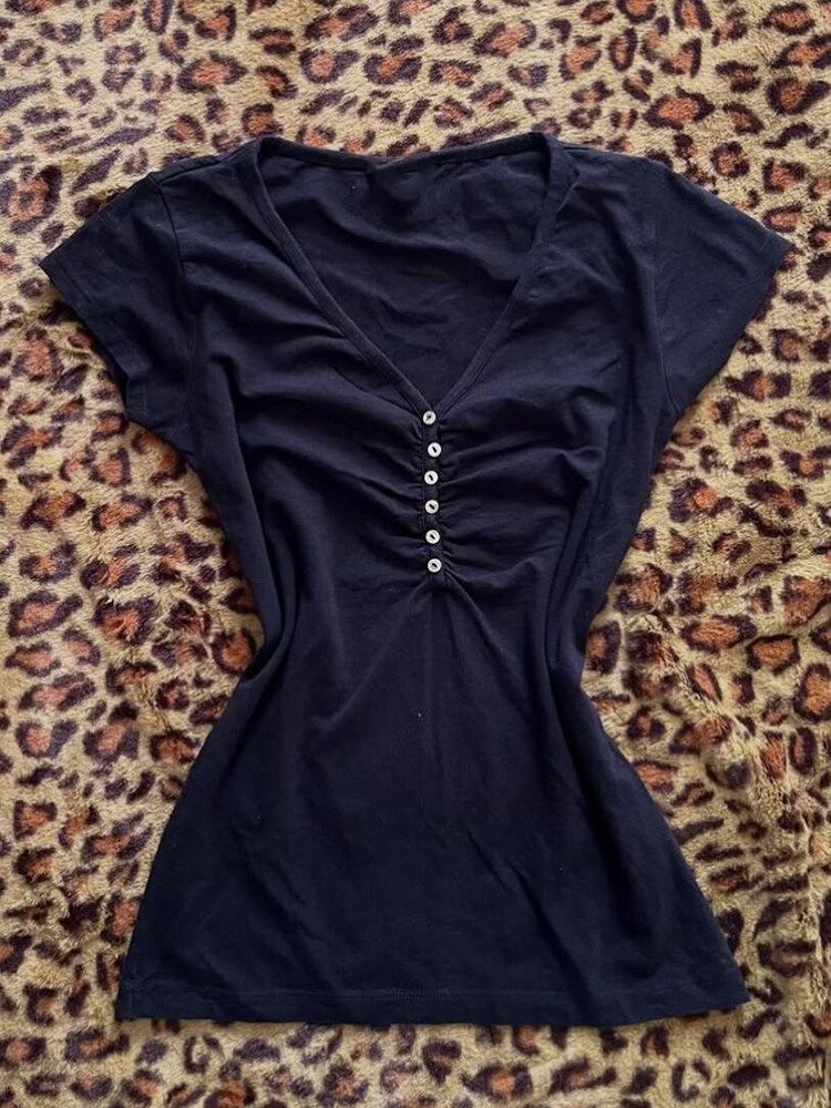 Vintage Fashion Korea - 한국 빈티지 다크 블루 티셔츠 여성