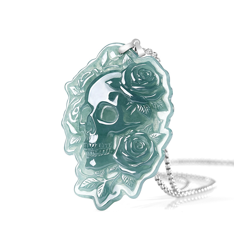 Vintage Fashion Necklace - 천연 버마산 비취 두개골 펜던트 목걸이