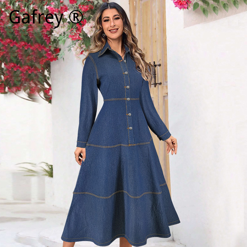 새로운 패션 데님 청셔츠 드레스 긴팔 라펠 칼라 허리  - Vintage Fashion Ladies 리뷰 및 가격