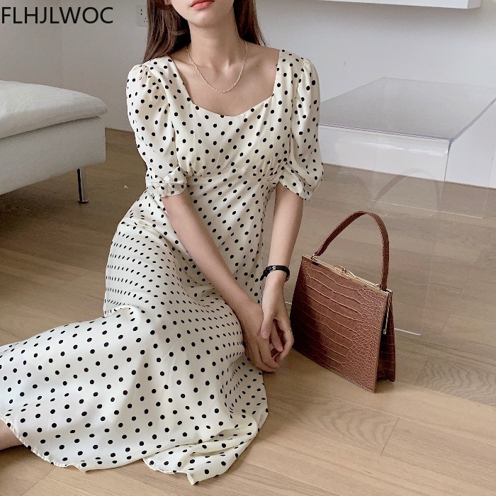 폴카 도트 한국 시크한 롱 맥시 드레스, 2021 여름 - Vintage Fashion Korea 리뷰 및 가격