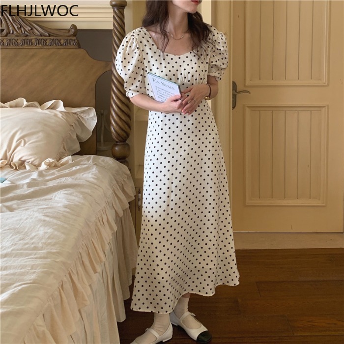 폴카 도트 한국 시크한 롱 맥시 드레스, 2021 여름 - Vintage Fashion Korea 리뷰 및 가격