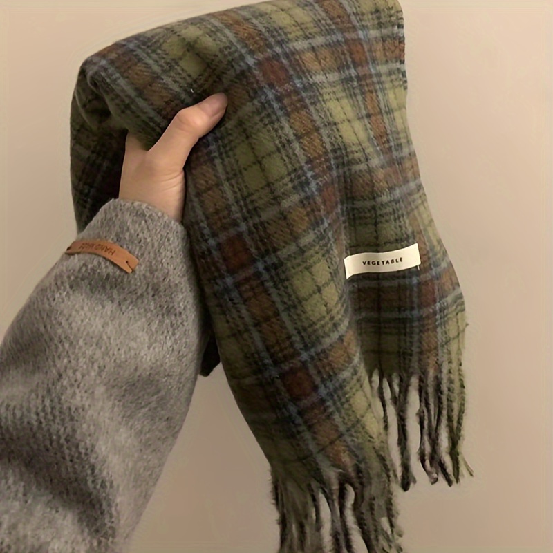 빈티지 녹색 격자 무늬 술 스카프 여성 모조 캐시미어  - Vintage Fashion Knitwear 리뷰 및 가격