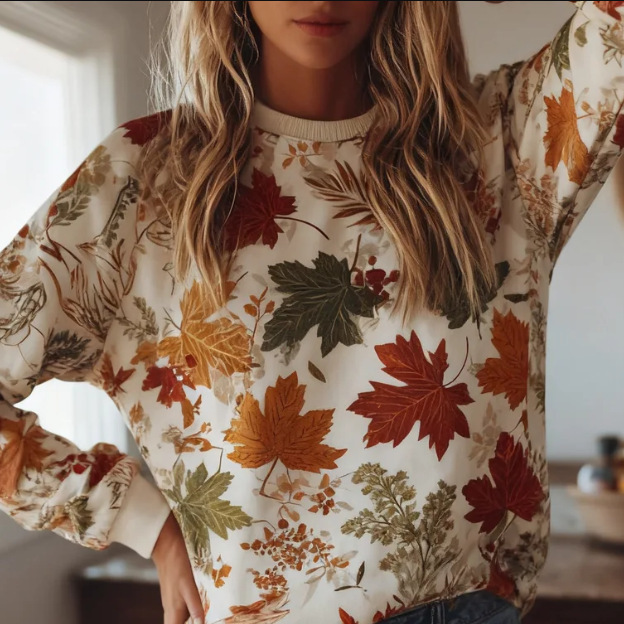빈티지 가을 단풍잎 프린트 스웨트셔츠 여성용 크루넥 긴 - Vintage Fashion Years 리뷰 및 가격
